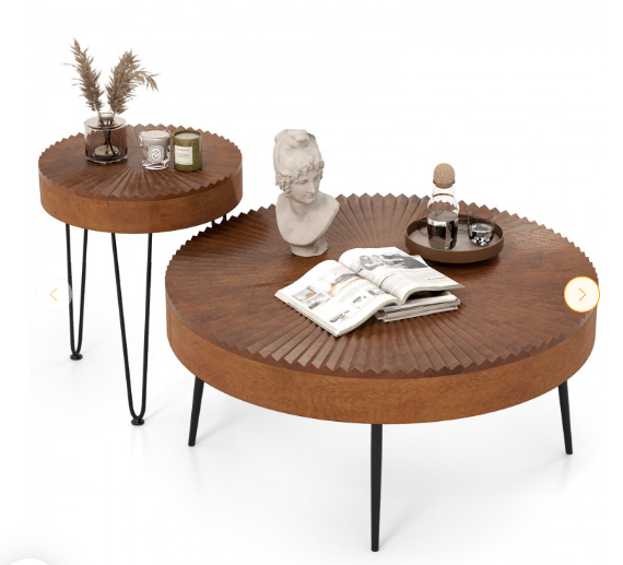 Round Coffee Table Set of 2 - Sofa Side Nesting Table w/Solid Pine Wood Top
