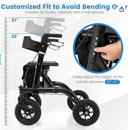 NO TAX, Height Adjustable Rollator Walker Foldable Rolling Walker with Seat for Seniors-Black