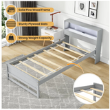 *SPECIAL* - Twin Bed Frames with Storage Headboard, Wood Platform Bed with Charging Station & LED Light - Color White