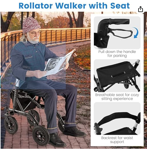 NO TAX, Height Adjustable Rollator Walker Foldable Rolling Walker with Seat for Seniors-Black