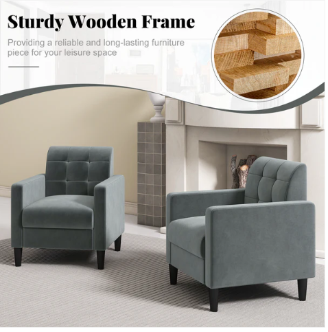 Mid Century Modern Velvet Accent Chair with Tufted Back-Green/Grey