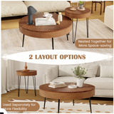 Round Coffee Table Set of 2 - Sofa Side Nesting Table w/Solid Pine Wood Top