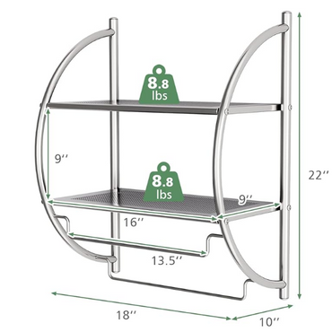 Wall Mounted Bathroom / Kitchen Shelf, 2-Tier Chrome Towel Rack