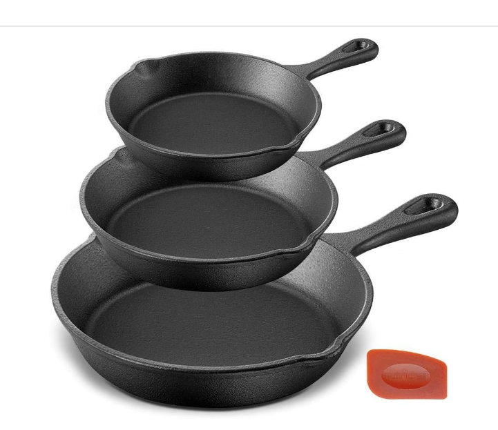 3 Piece Cast Iron Skillet Set- Pre-Seasoned Nonstick Cookware with Cool-Touch Silicone Handles & Drip Spout, for All Cooktops, 6", 8", 10",