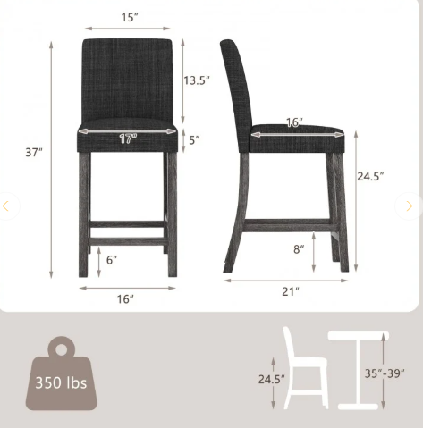 2 Piece Set, 24 Inch Counter Height Upholstered Bar Stool with Cushion Seat, dark grey