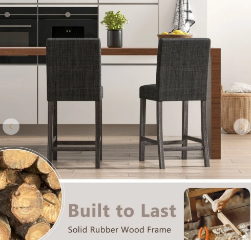 2 Piece Set, 24 Inch Counter Height Upholstered Bar Stool with Cushion Seat, dark grey