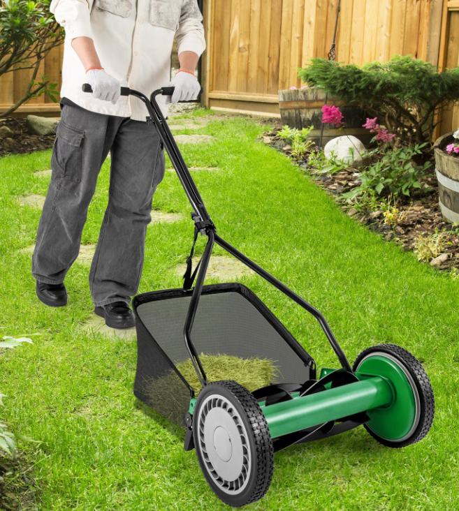14 Inch Push Lawn Mower with Grass Catcher Bag, Green, Special, customer return