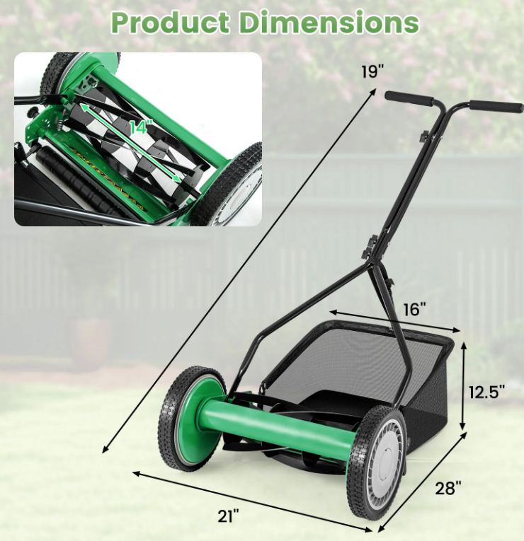 14 Inch Push Lawn Mower with Grass Catcher Bag, Green, Special, customer return