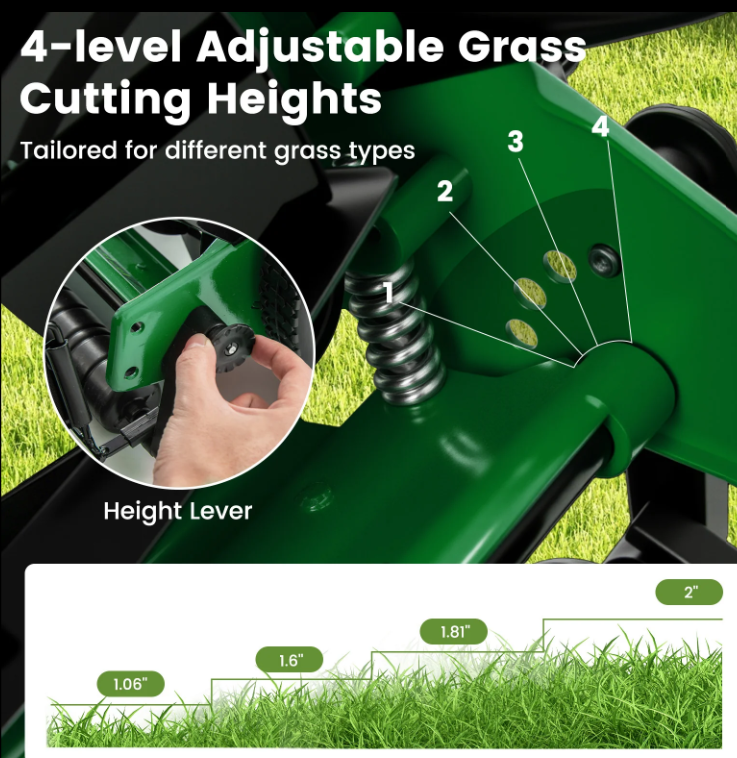 14 Inch Push Lawn Mower with Grass Catcher Bag, Green, Special, customer return