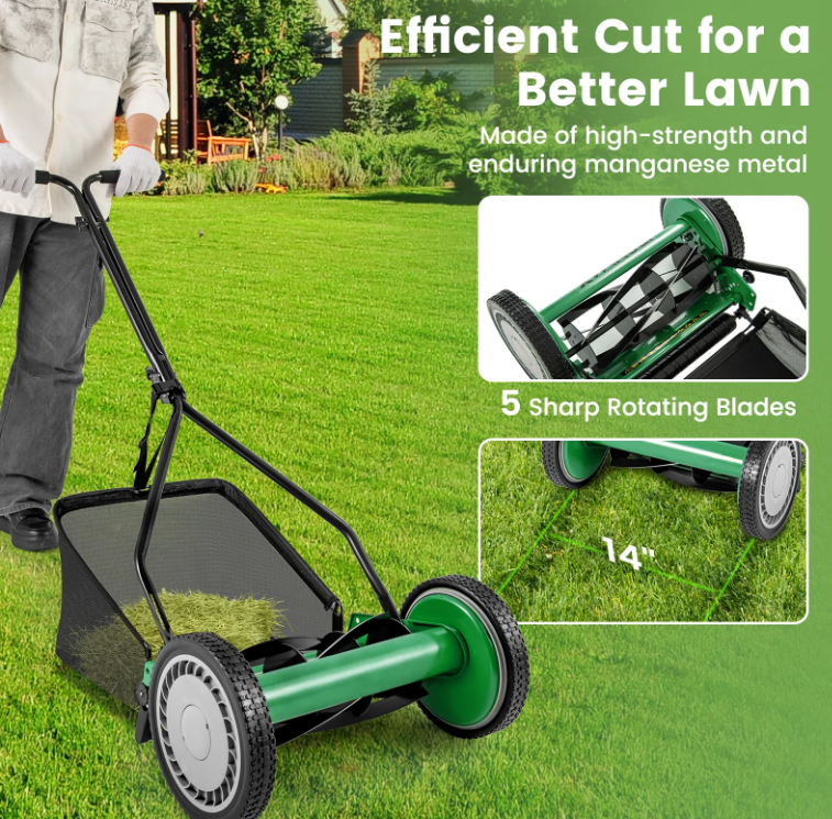 14 Inch Push Lawn Mower with Grass Catcher Bag, Green, Special, customer return