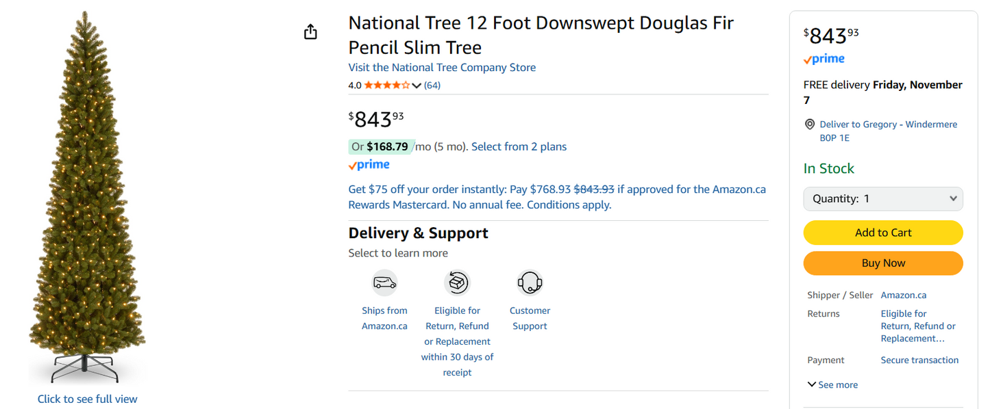 12 ft. Pre-Lit Downswept Douglas Fir Pencil Slim Fir Tree with Clear Lights, Assembled