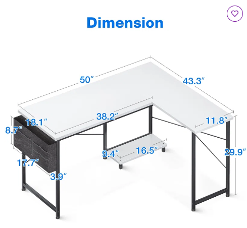 Reversible L-Shape Desk, Fully Assembled