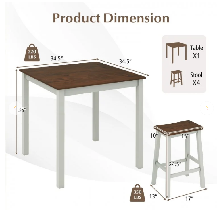 5 Piece Dining Table Set with 4 Saddle Stools, 2 stools very slight marks, 1 table corner very slightly marked