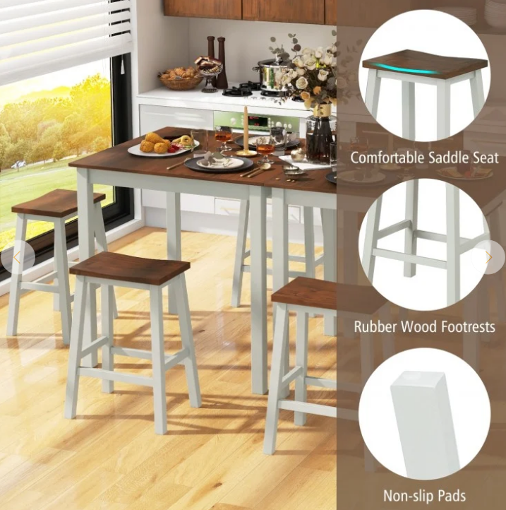 5 Piece Dining Table Set with 4 Saddle Stools, 2 stools very slight marks, 1 table corner very slightly marked