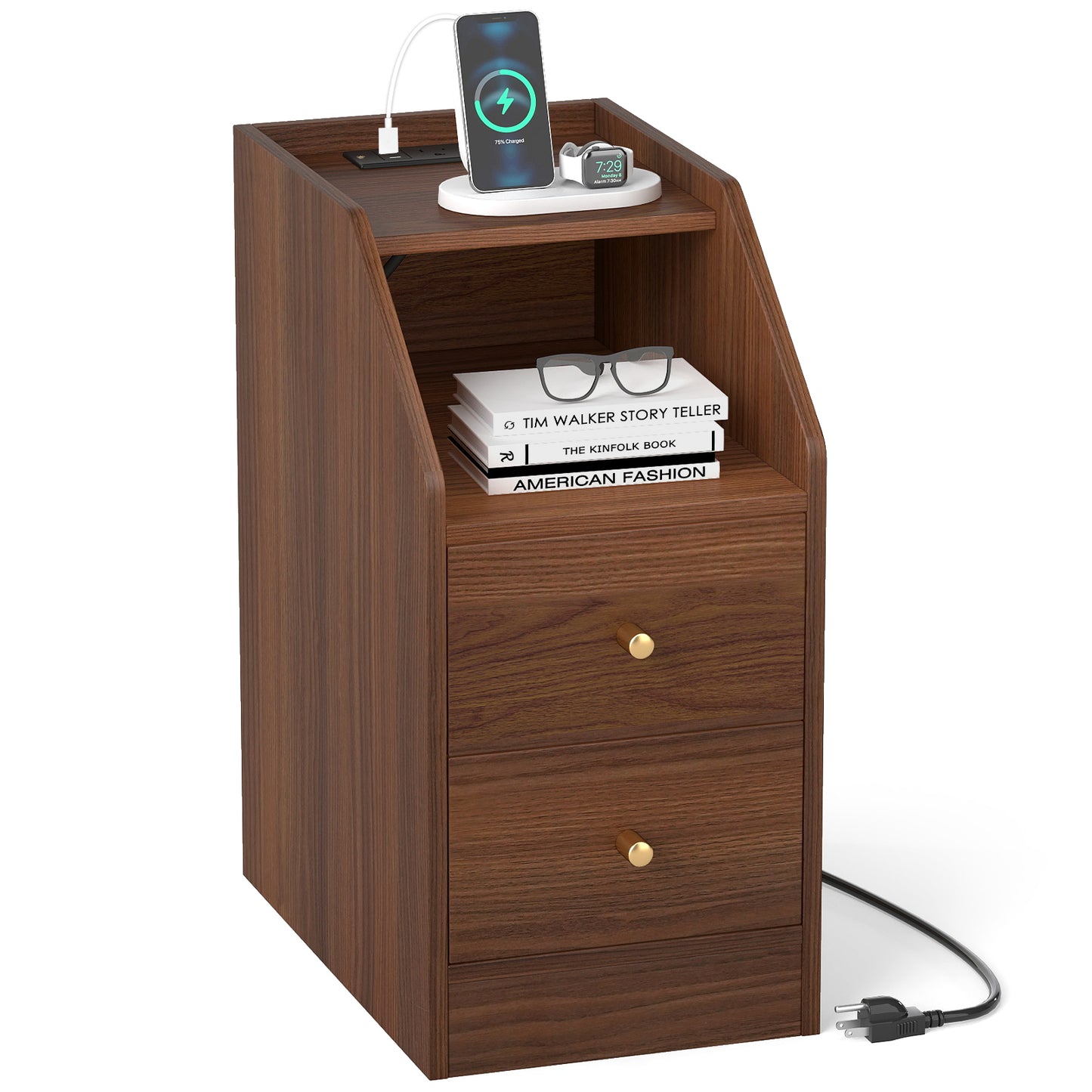 Side End Table with Charging Station Sofa Couch Table with Shelf Drawers-Walnut (Assembled)