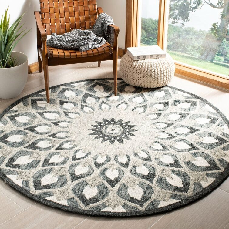Swind Oriental Hand-Tufted Wool Charcoal/Ivory Area Rug - 4FT ROUND