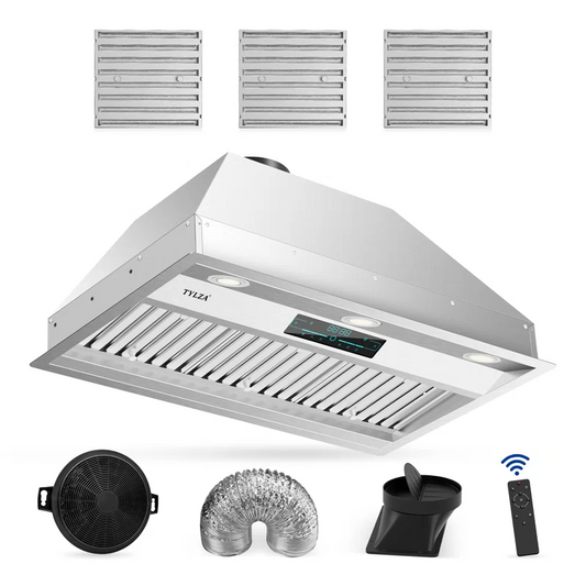 Tylza 30" Insert Range Hood 900 CFM , Charcoal Filter, remote, scratch & dent two corners