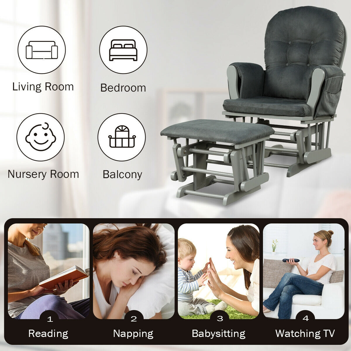 Wood Glider and Ottoman Set -Dark Gray (SCRATCH AND DENT)