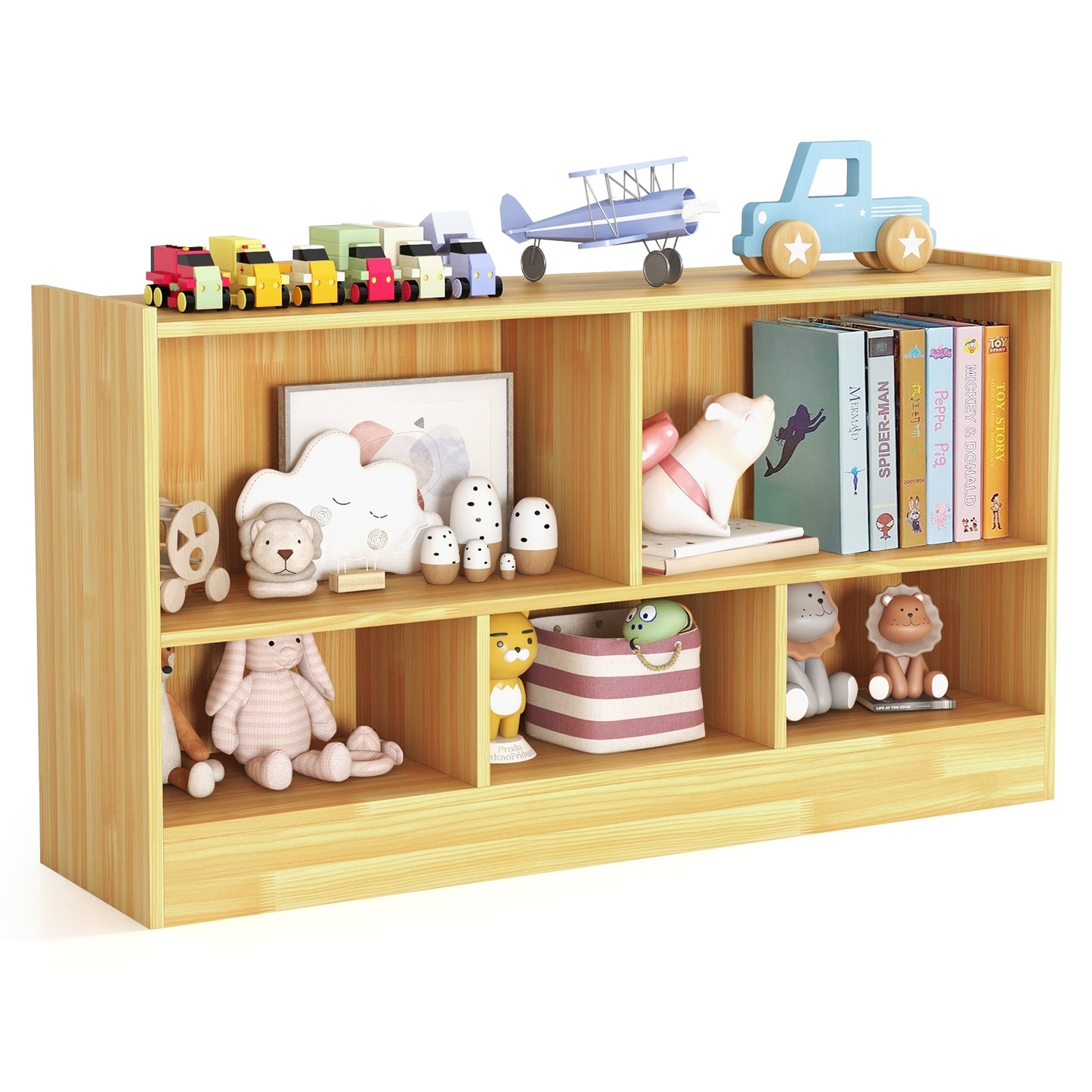Kids 2-Shelf Bookcase 5-Cube Wood Toy Storage Cabinet Organizer-Beige