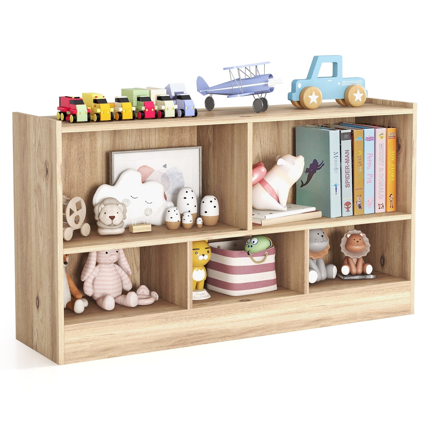 Kids 2-Shelf Bookcase 5-Cube Wood Toy Storage Cabinet Organizer-Natural (Fully Assembled)