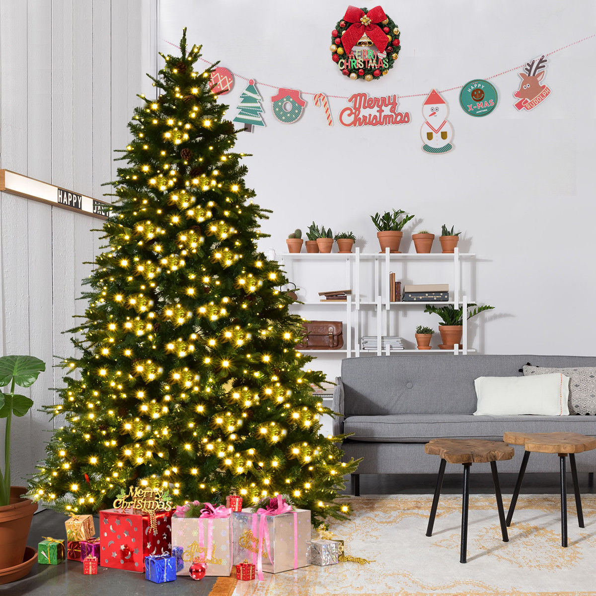 7.5 ft Artificial Christmas Tree with LED Lights and Pine Cones (1 Box)