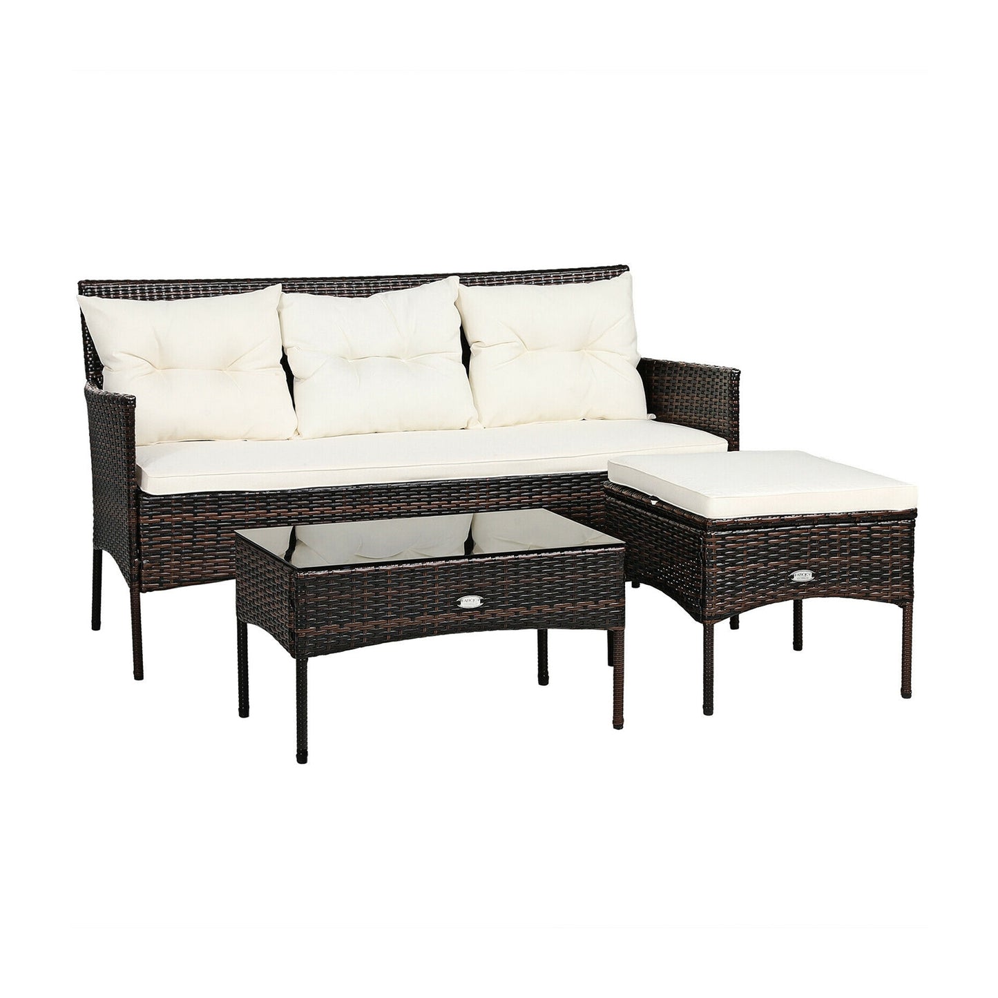 3 Pieces Patio Furniture Sectional Set with 5 Cozy Seat and Back Cushions- Off White (Fully Assembled)