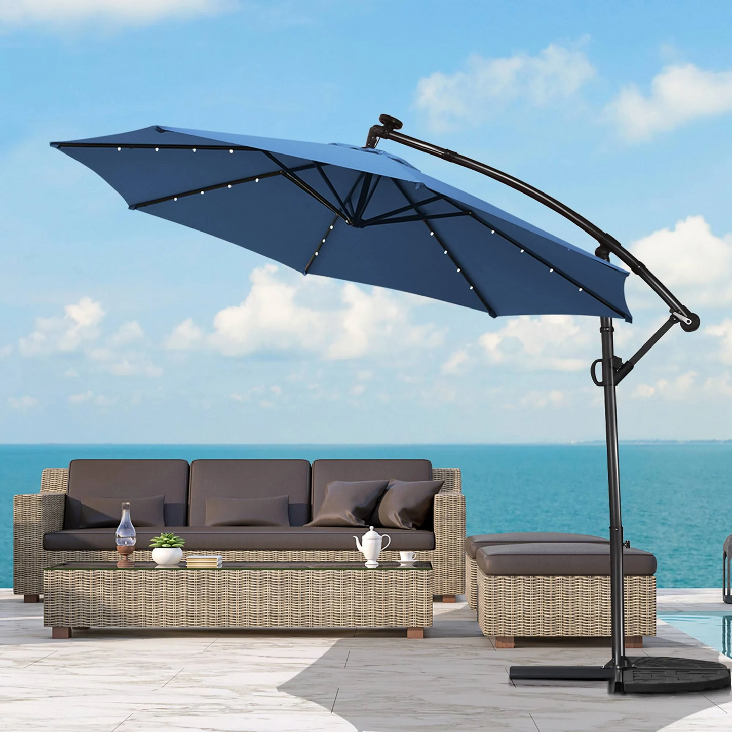 10 Feet Patio Offset Umbrella with 32 Solar-Powered LED Lights-Navy-1 box, unassembled