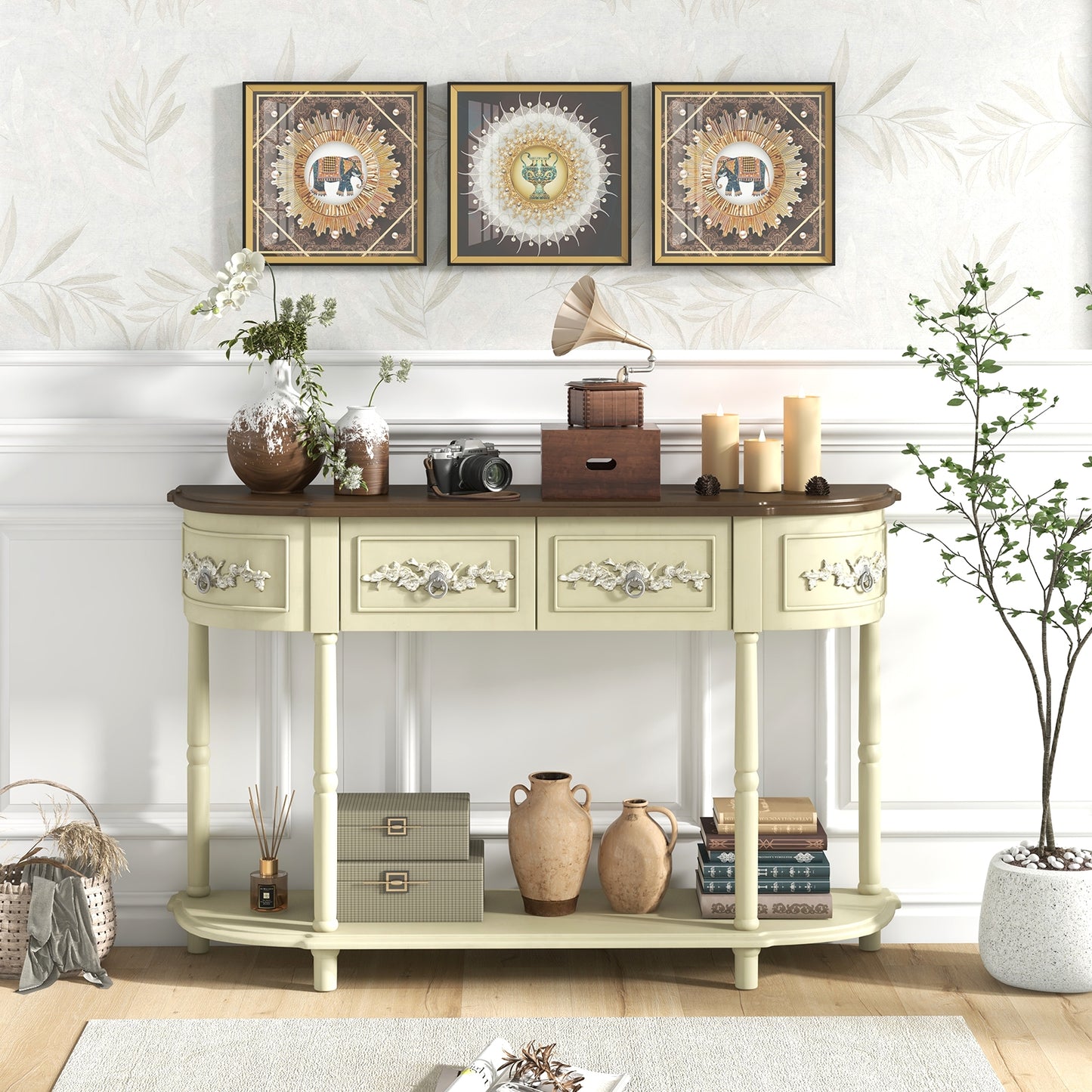 Retro Curved Console Table with Drawers and Solid Wood Legs-Olive (See instore Pictures)