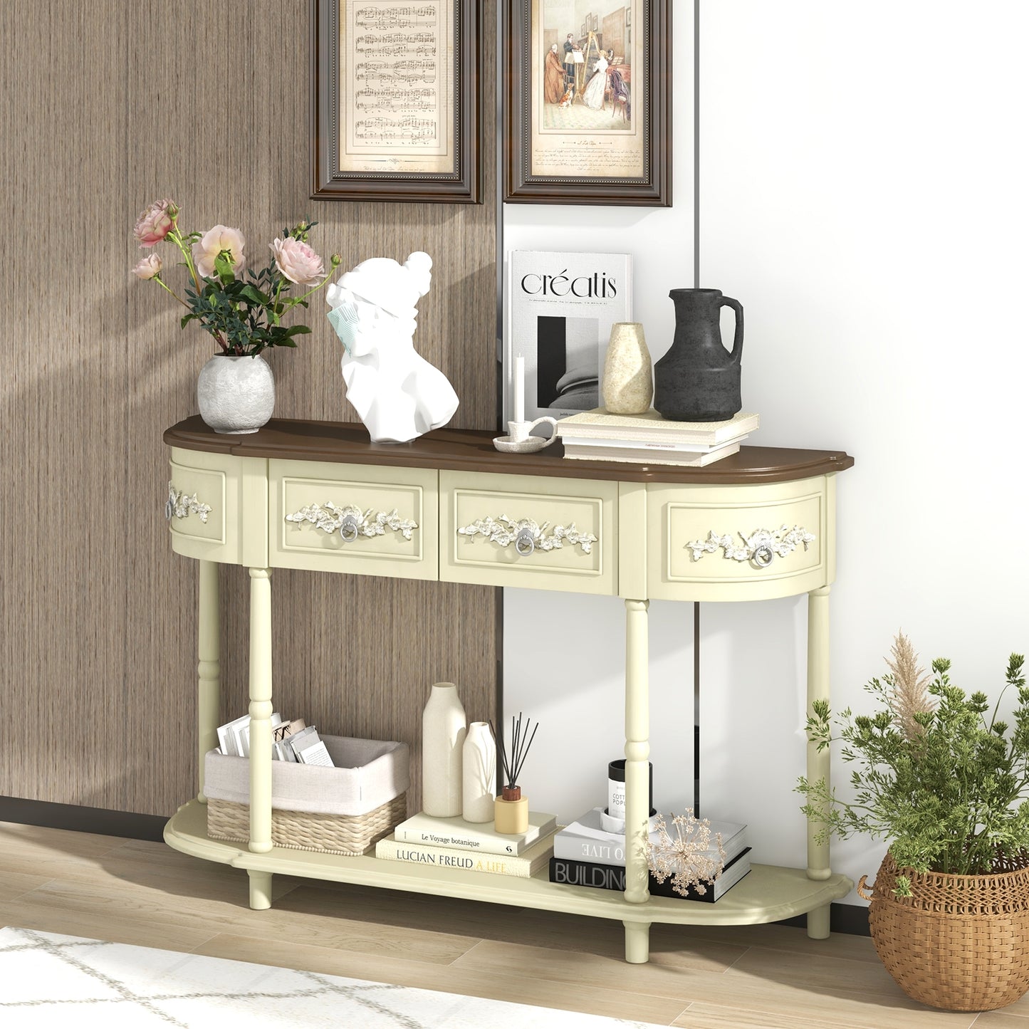 Retro Curved Console Table with Drawers and Solid Wood Legs-Olive (See instore Pictures)