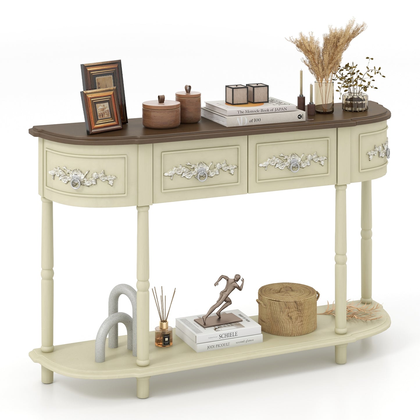 Retro Curved Console Table with Drawers and Solid Wood Legs-Olive (See instore Pictures)