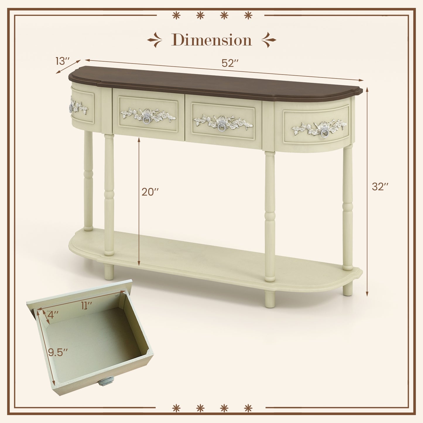 Retro Curved Console Table with Drawers and Solid Wood Legs-Olive (See instore Pictures)