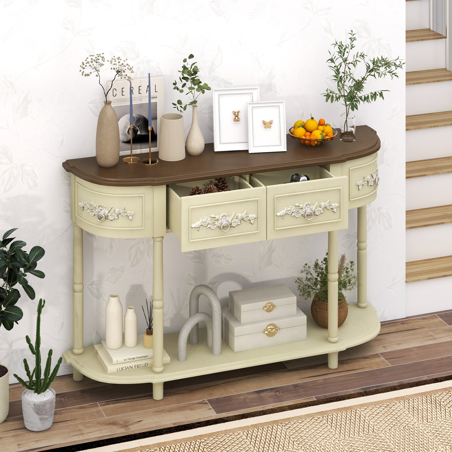 Retro Curved Console Table with Drawers and Solid Wood Legs-Olive (See instore Pictures)