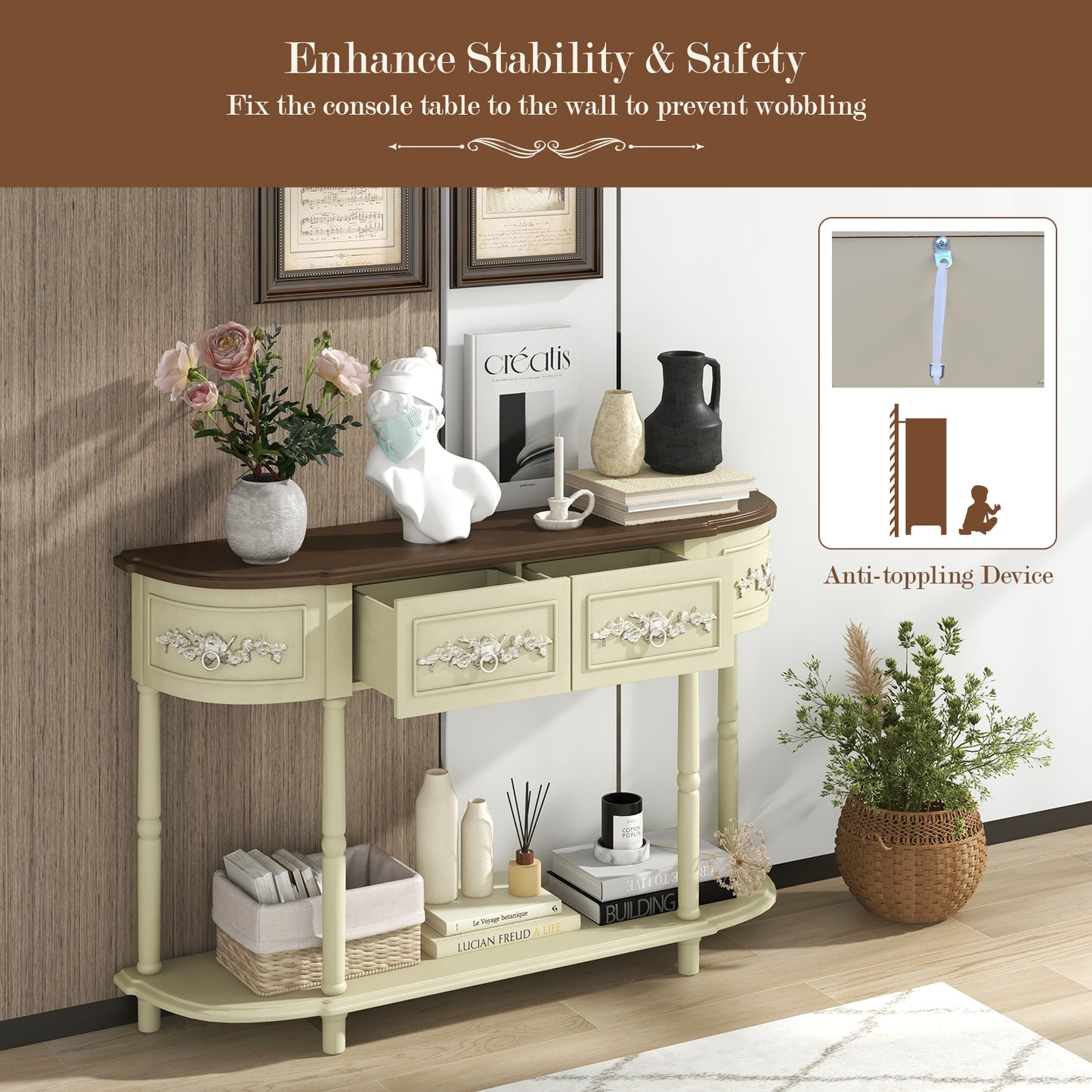 Retro Curved Console Table with Drawers and Solid Wood Legs-Olive (See instore Pictures)