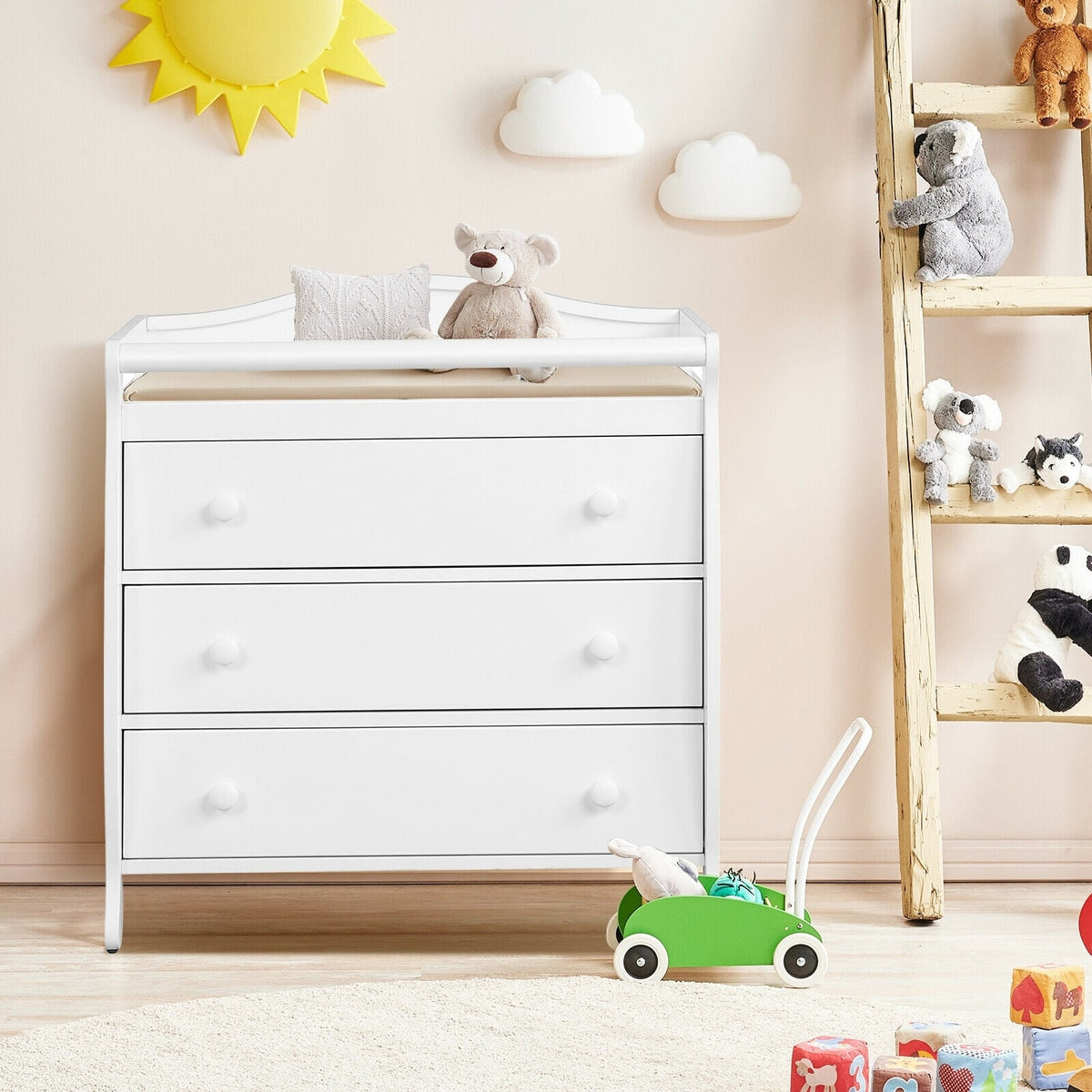 Baby Changing Table with 3 Drawers and Safety Belt-White, FULLY ASSEMBLED