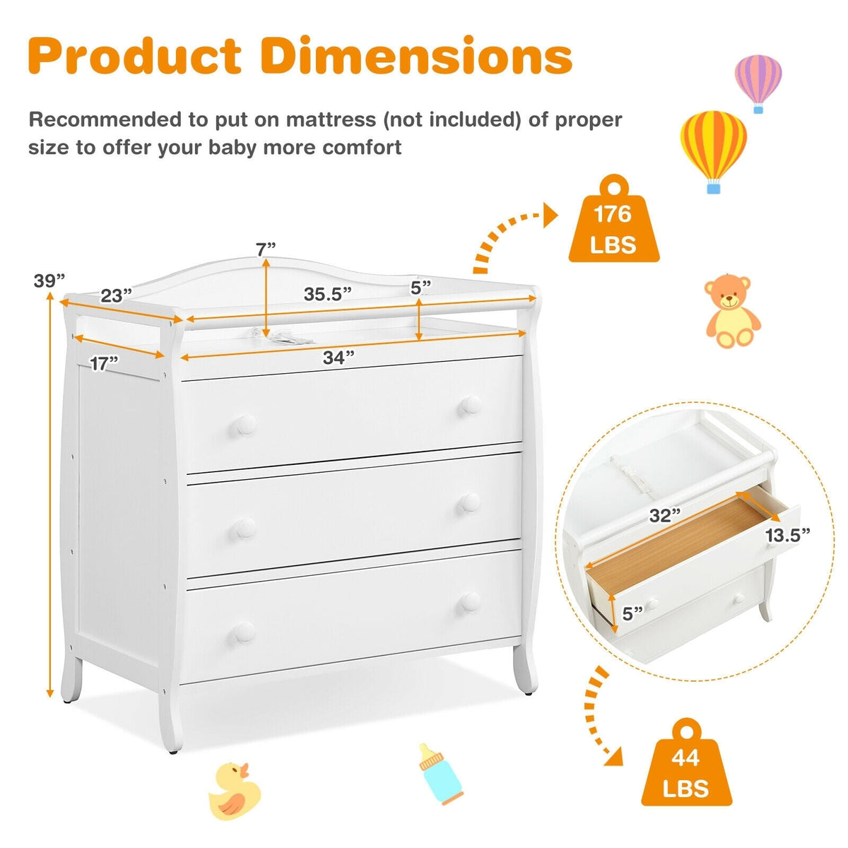 Baby Changing Table with 3 Drawers and Safety Belt-White, FULLY ASSEMBLED