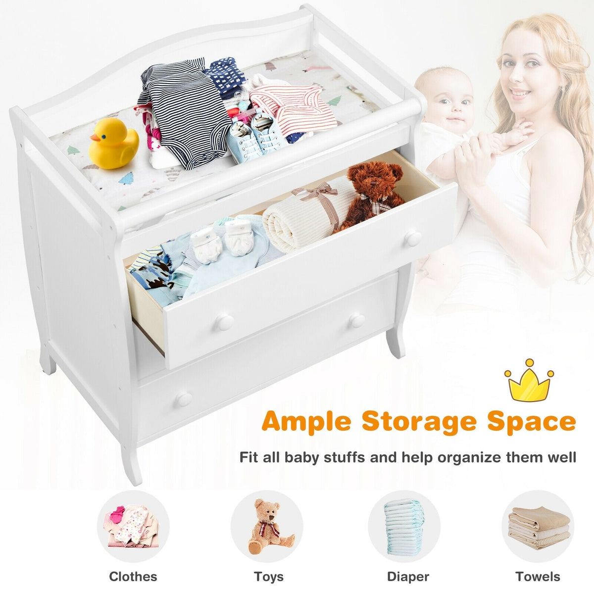 Baby Changing Table with 3 Drawers and Safety Belt-White, FULLY ASSEMBLED