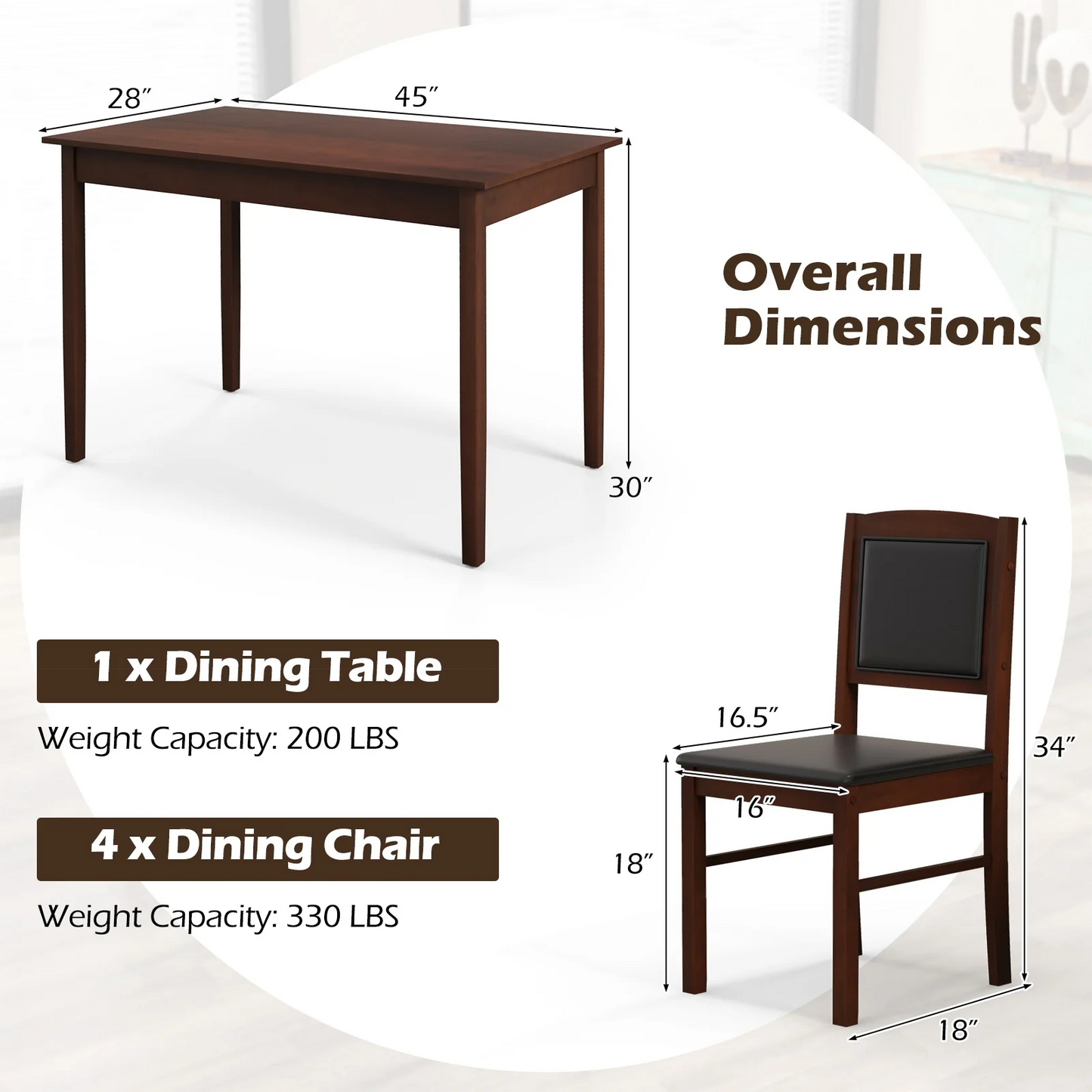 5-Piece Dining Set for 4 with Rubber Wood Legs for Small Dining Room, Brown, fully assembled (Copy)