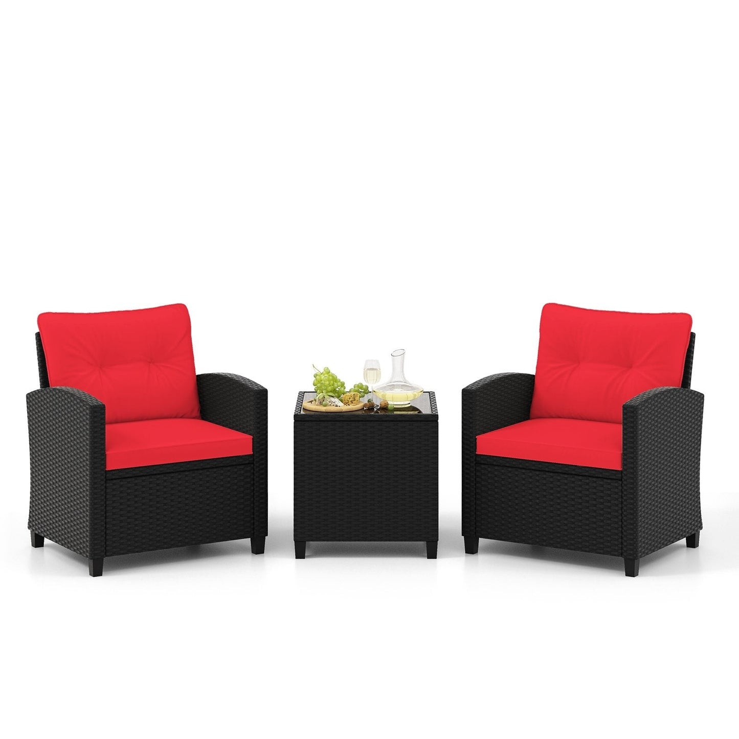 3 Pieces Patio Furniture Set with Tempered Glass Coffee Table-RED - (Assembled)