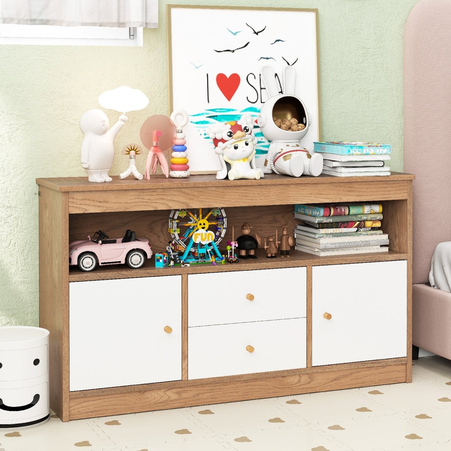 Kids Toy Storage Organizer with Open Shelf and 2 Drawers for Playroom-Natural (Assembled)