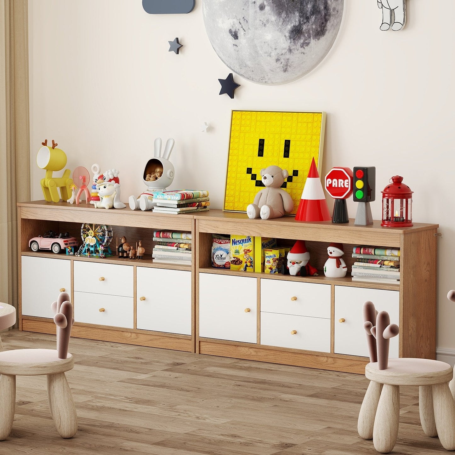 Kids Toy Storage Organizer with Open Shelf and 2 Drawers for Playroom-Natural (Assembled)