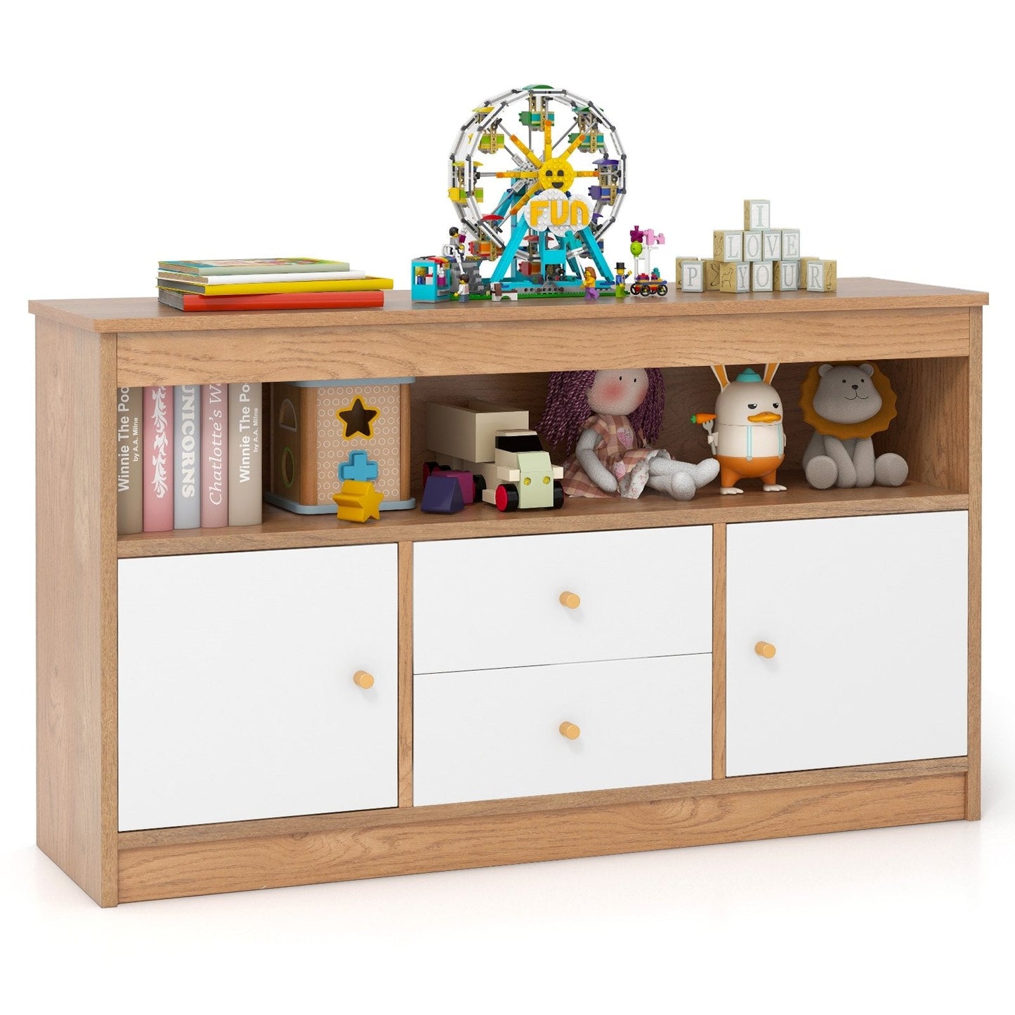 Kids Toy Storage Organizer with Open Shelf and 2 Drawers for Playroom-Natural (Assembled)