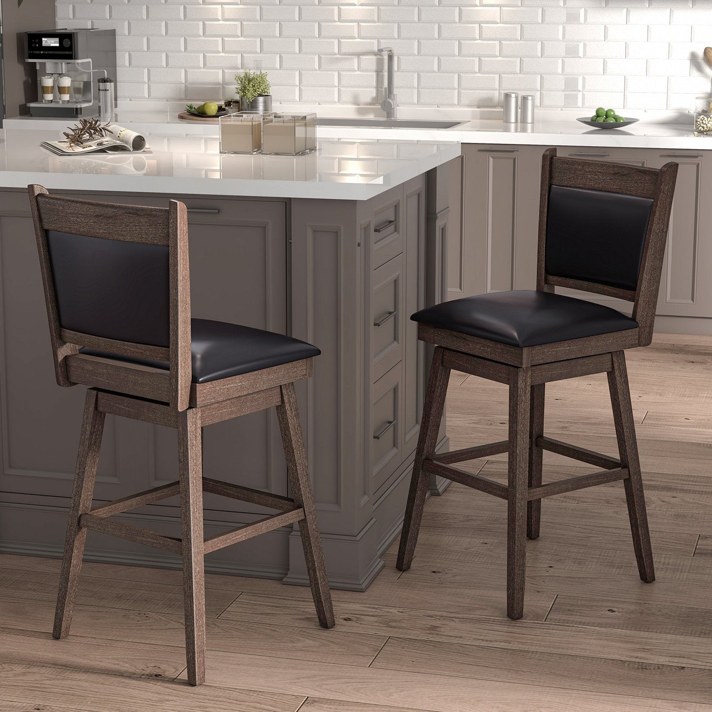 Set of 2 - 29 Inch Padded Bar Stools with Swivel Seat and Footrest - Fully Assembled