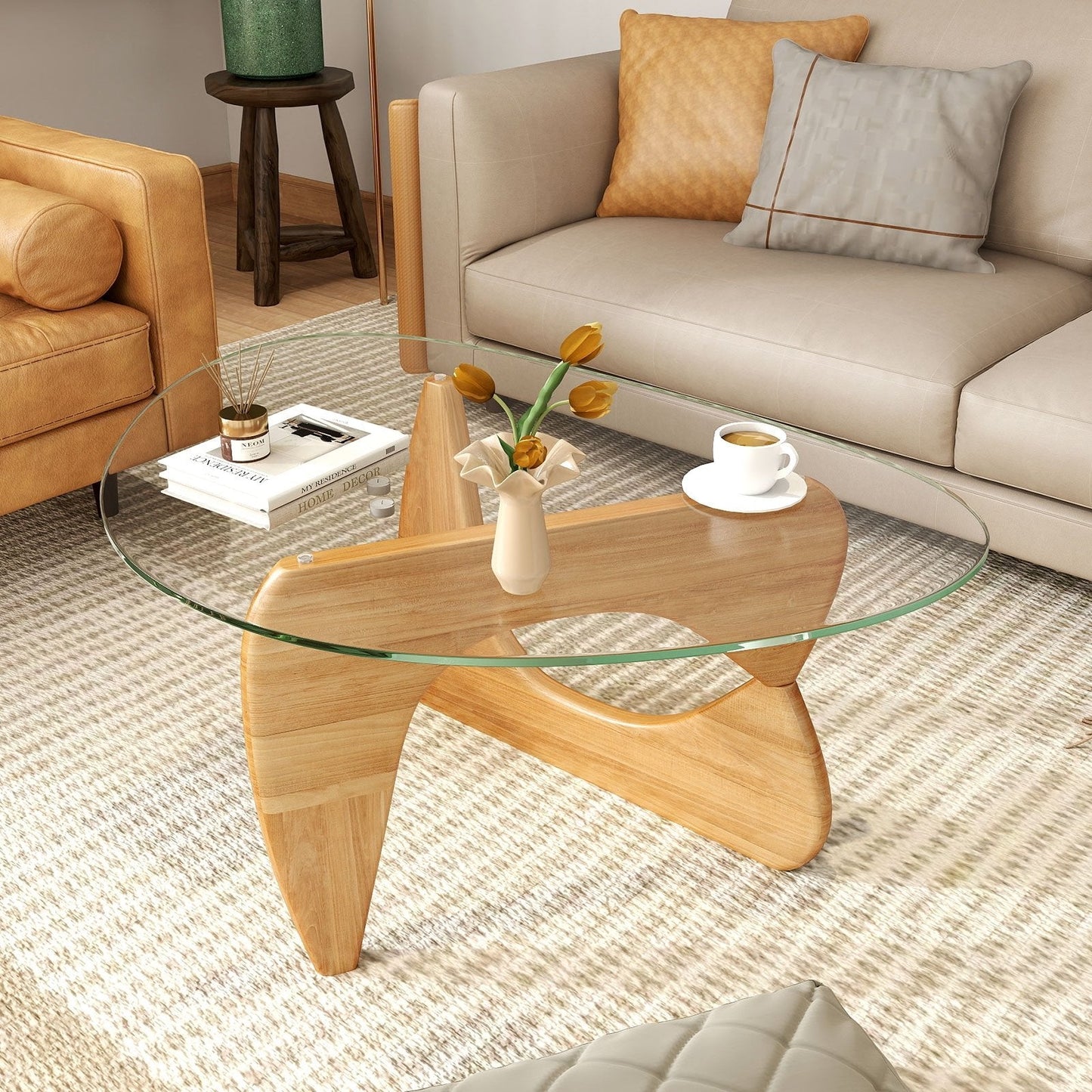 Triangle Coffee Table with Tempered Glass Top -Natural (Assembled)