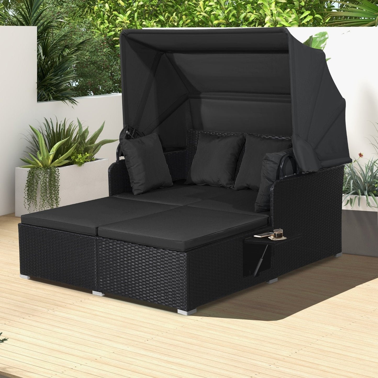 Patio Rattan Daybed with Retractable Canopy and Side Tables-Black (1 box unassembled)