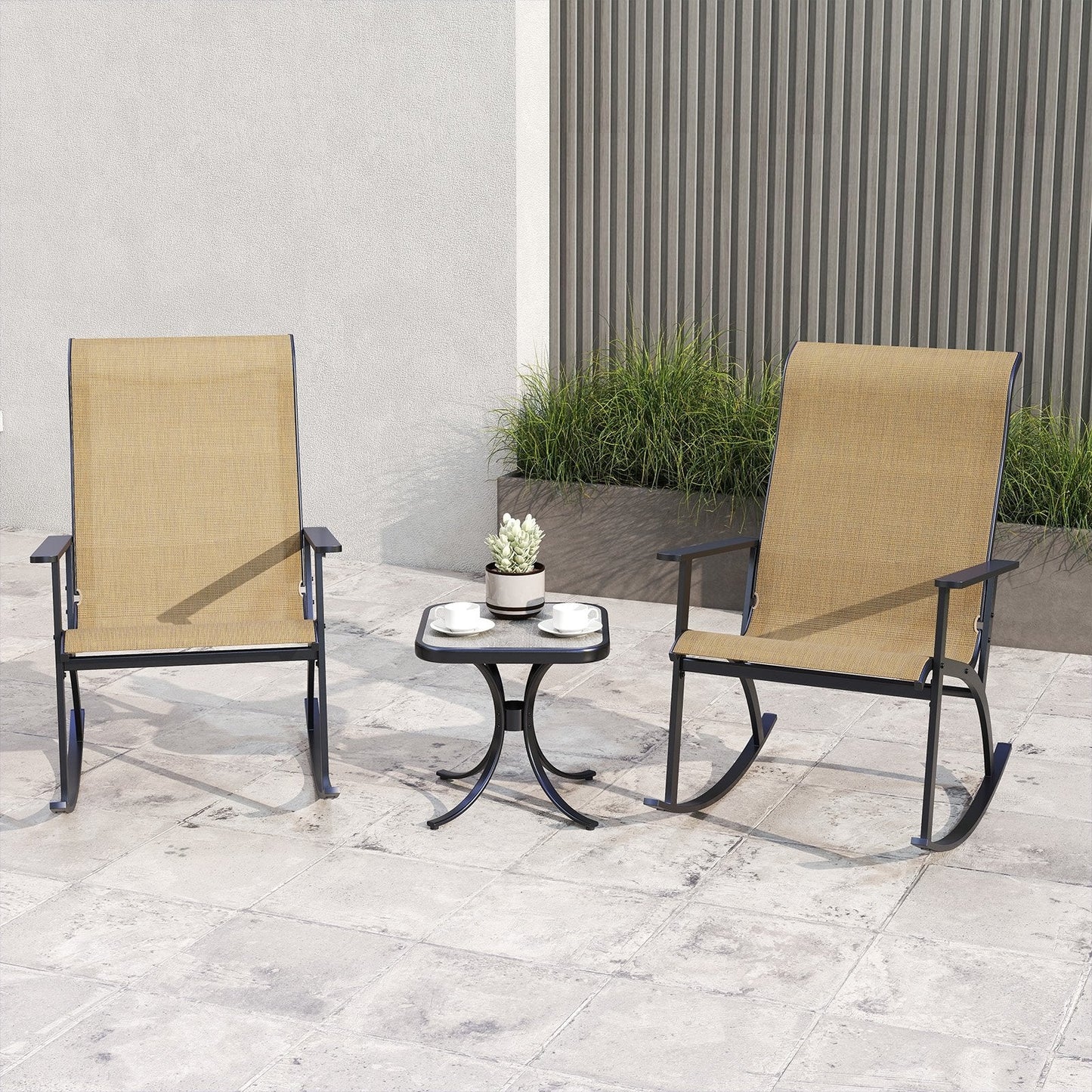 Heavy-Duty Rocking Bistro Chairs and Table Set -Brown