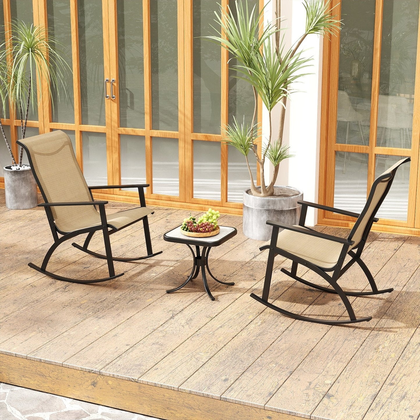 Heavy-Duty Rocking Bistro Chairs and Table Set -Brown