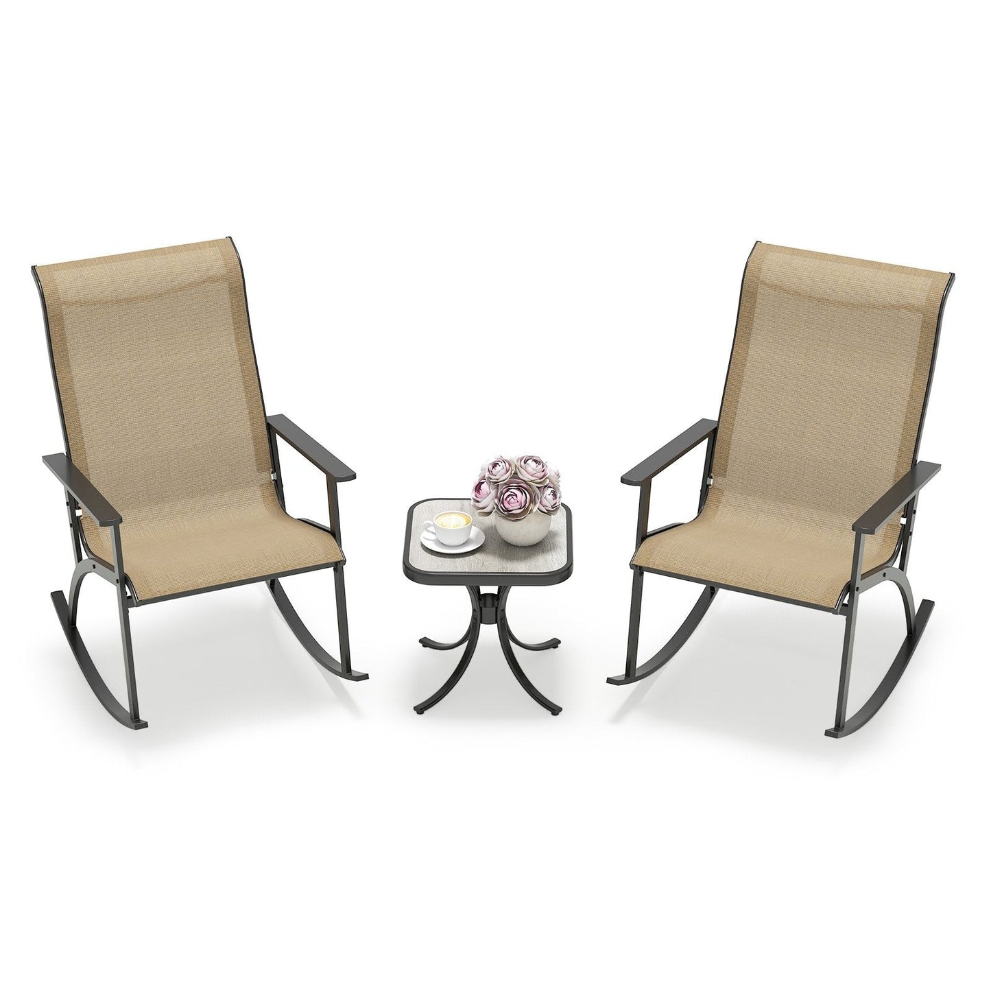 Heavy-Duty Rocking Bistro Chairs and Table Set -Brown