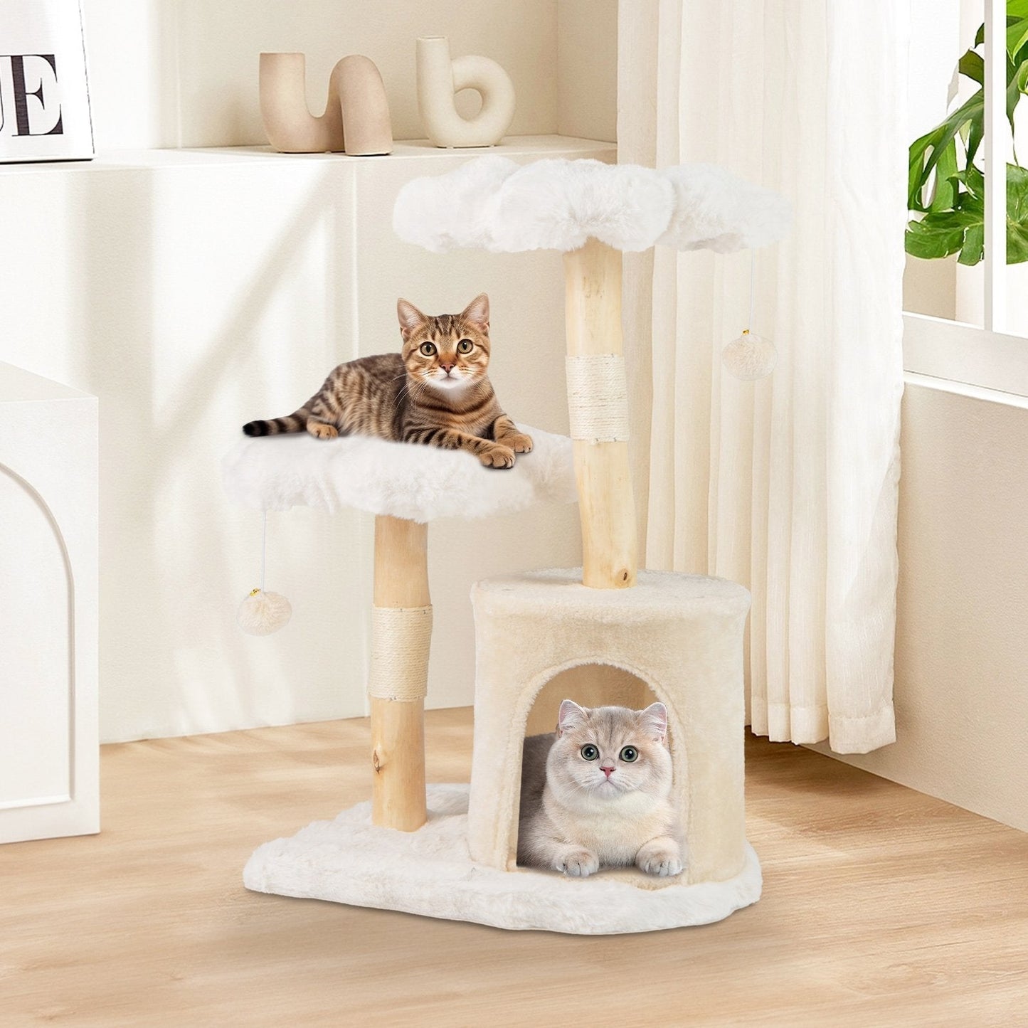 Cute Solid Wood Cat Tree Natural Branch Modern Flower Cat Tower with Sisal Scratching Posts-Beige (Assembled)