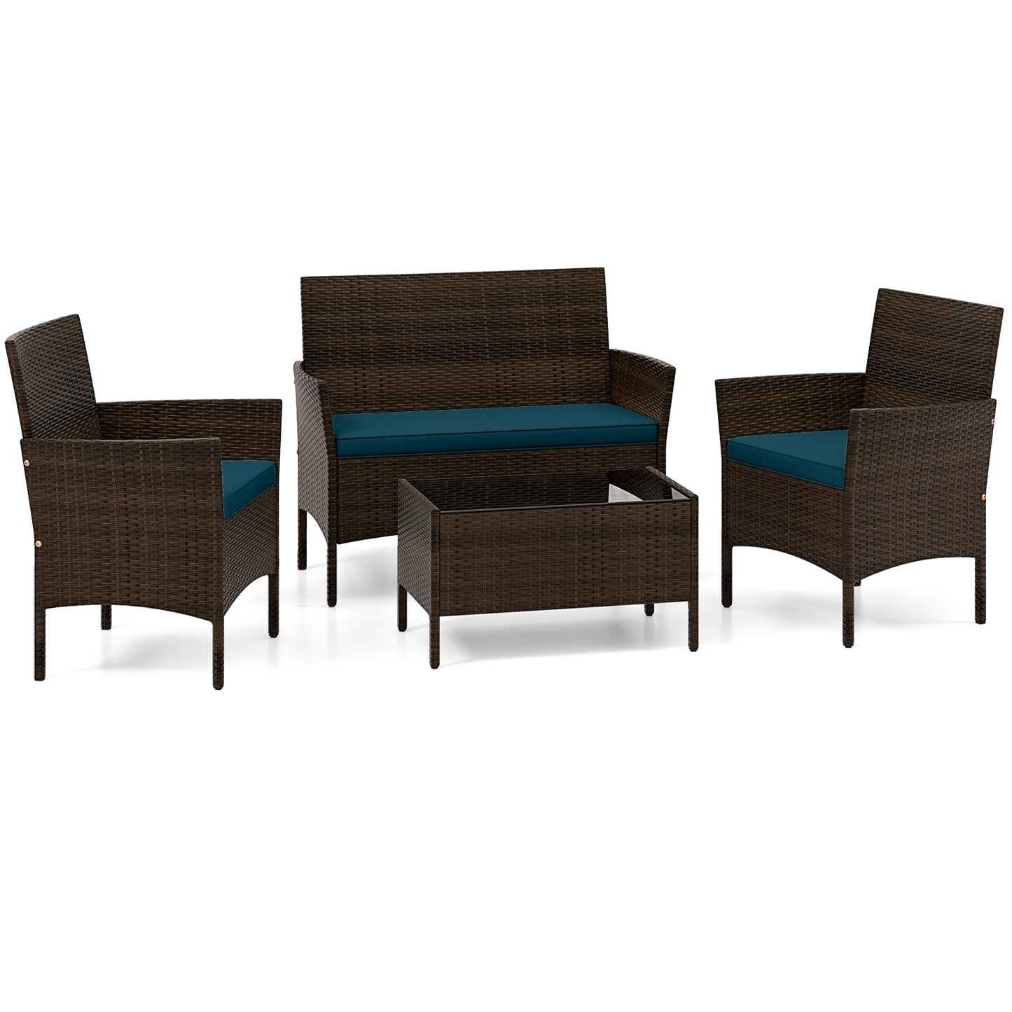 4 Piece Patio Rattan Conversation Set with Cozy Seat Cushions-Peacock Blue (Assembled)