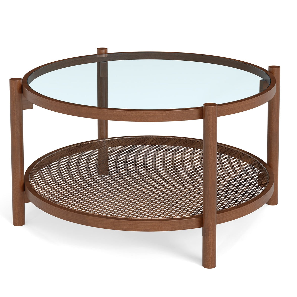 31 Inch 2-Tier Round Coffee Table with Tempered Glass Top for Living Room-Cherry (Assembled)